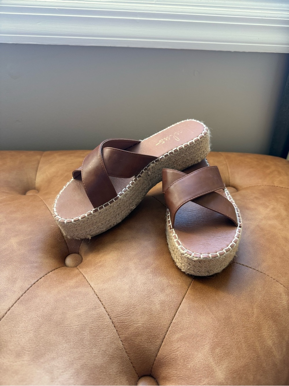 Brown Leather Espadrille Platform Slide - Women